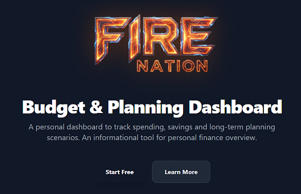The image features a promotional webpage for a personal finance dashboard called 'FIRE Nation'.