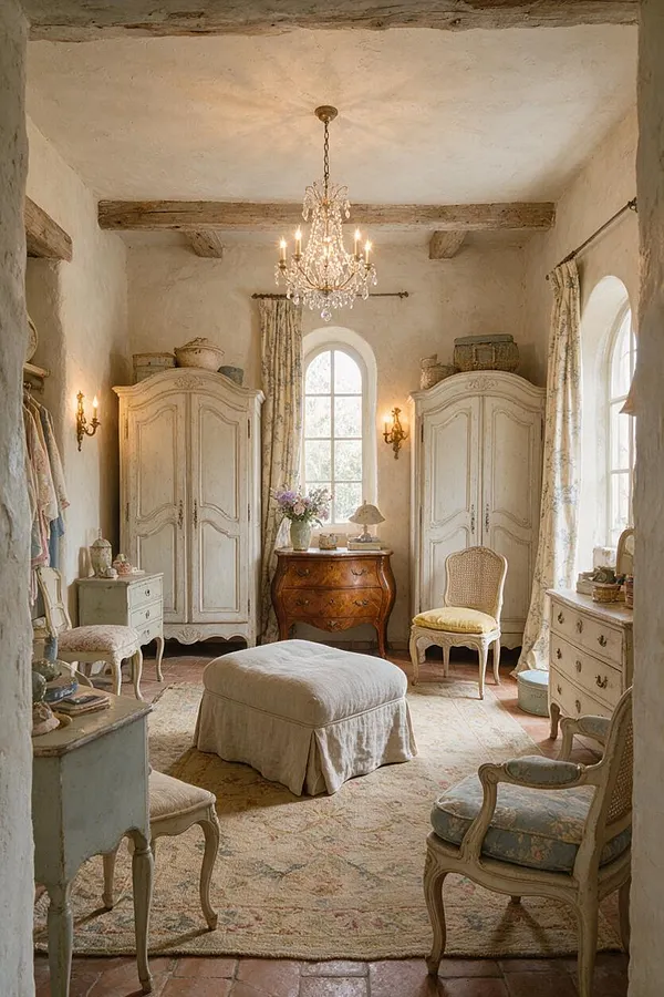 A French Country style closet with distressed cream wardrobes, a crystal chandelier, arched windows, and exposed wood beams. The room includes antique-style chairs, a central upholstered ottoman, floral curtains, and warm terracotta tile flooring.