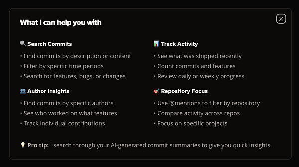 The image displays a user interface guideline for a chatbot related to Git activities.