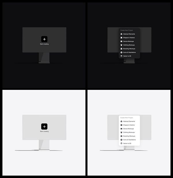 The image displays a user interface design for an empty project state in a creative application, featuring a dark and light mode layout.