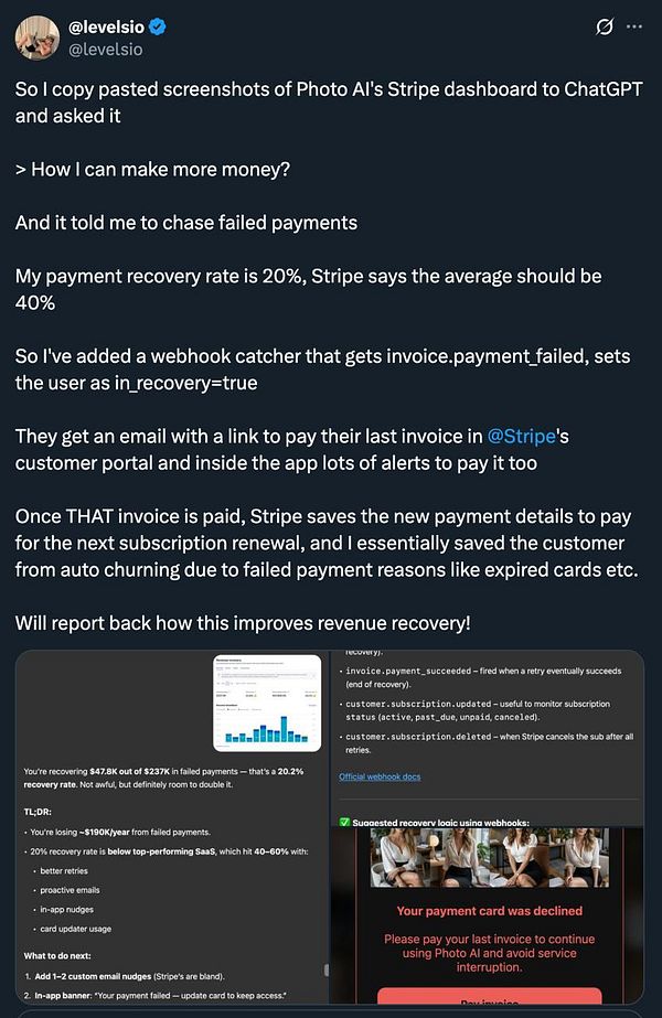 The image displays a screenshot of a Stripe dashboard with insights on revenue recovery and failed payments.