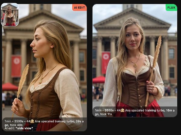 The image features a side-by-side comparison of two AI-generated edits of a woman in a historical costume.