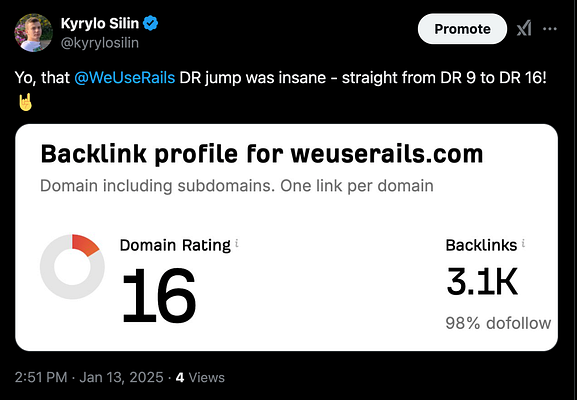 A tweet celebrating a significant increase in the Domain Rating (DR) of WeUseRails.