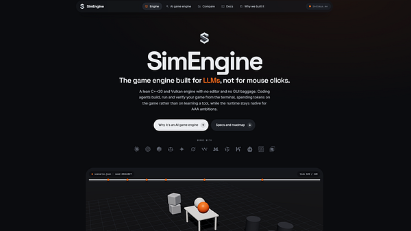 SimEngine landing page showcasing the AI-focused game engine with navigation menu, description, and a 3D simulation visualization.