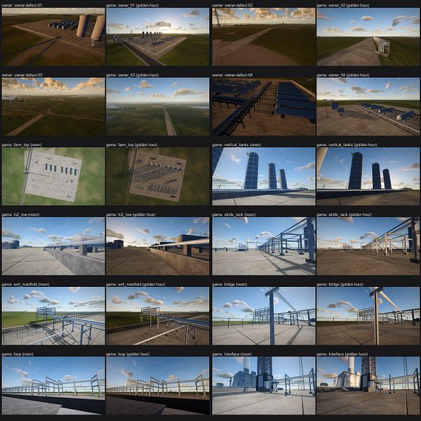 Comparison of various 3D model scenes rendered at noon and golden hour lighting to showcase graphics and realism improvements.