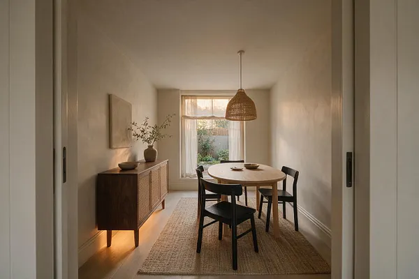 A narrow Japandi-style dining room with a round light wood table and four black chairs on a natural woven rug. A dark wood sideboard with cane-front doors sits along the left wall beneath a simple artwork, and a woven pendant lamp hangs above the table. Soft beige walls, a large window with sheer curtains, and warm natural light create a calm, minimal atmosphere.