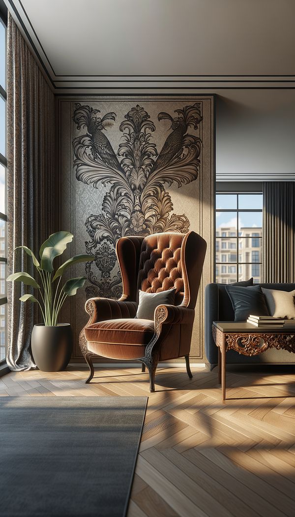 A modern living room featuring a Carolean style wingback chair upholstered in rich velvet, complemented by a luxurious damask curtain and an ornately carved wooden coffee table.