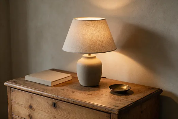A simple transitional-style bedside vignette with a weathered wooden nightstand against a neutral wall, topped with a beige fabric-shade table lamp, a closed book, and a small brass dish. The warm lamp glow creates a soft, calm atmosphere.