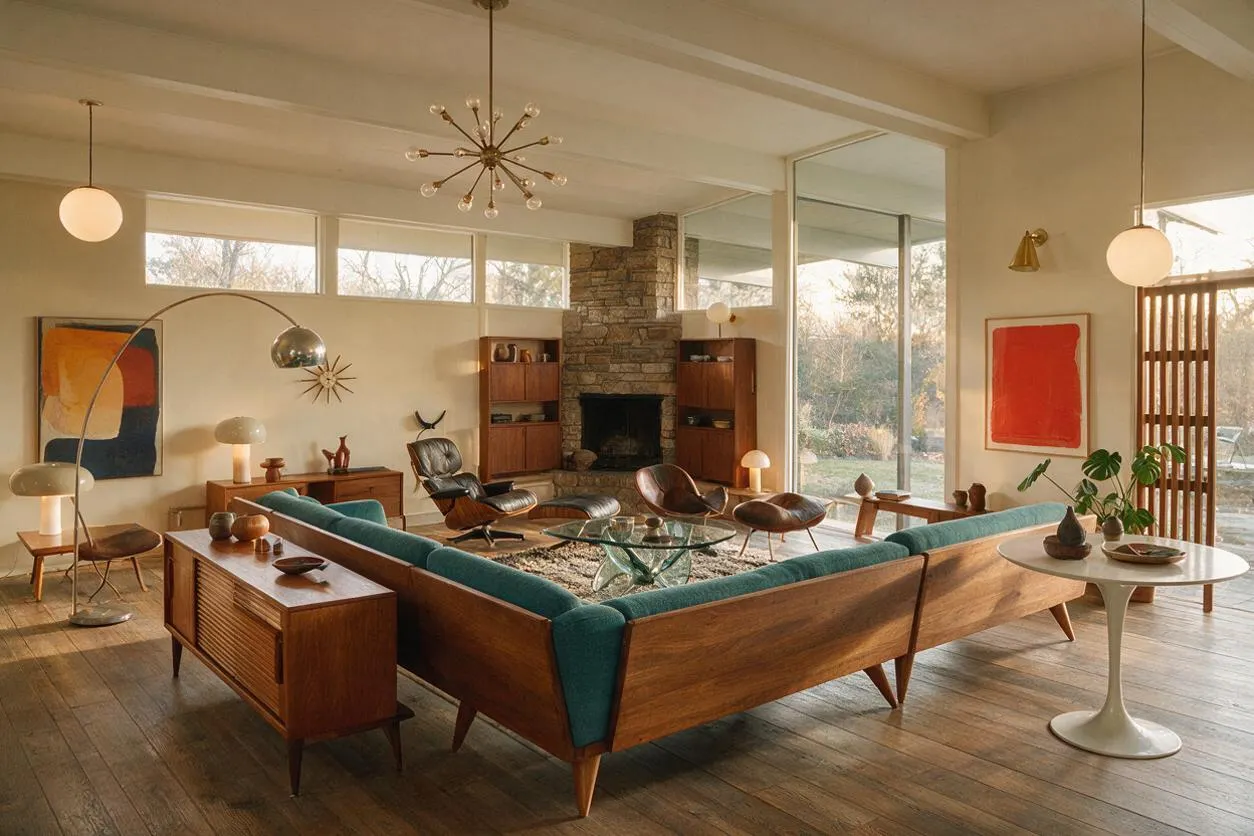 A spacious mid-century modern basement living room with a large teak sectional upholstered in teal, a round glass coffee table, and leather lounge chairs arranged around a stone fireplace. The room features warm wood furniture, a starburst chandelier, globe pendant lights, large windows, abstract wall art, and a neutral palette with teal and orange accents.