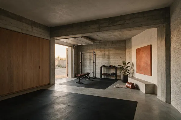 A spacious home gym with raw concrete walls and ceiling, black floor mats, and a minimalist weight bench centered in front of a squat rack. A warm wood storage wall lines the left side, while a simple bench, potted plant, and terracotta wall art soften the right side.