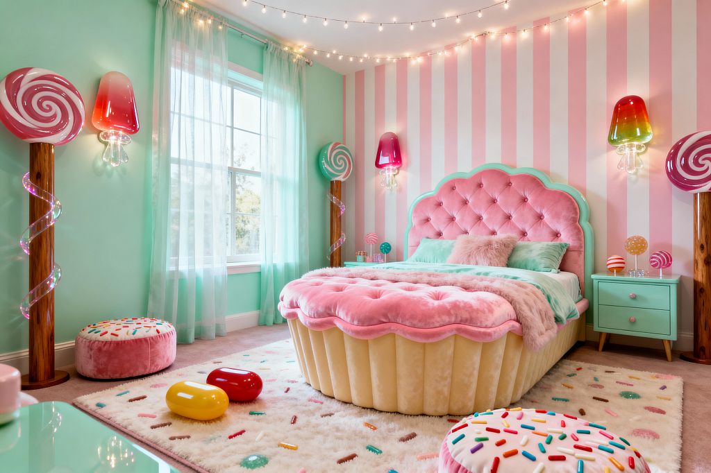 A playful kids’ bedroom shows a cupcake-shaped bed with a tufted pink velvet headboard and cream velvet base, set against mint walls and a pink-and-white striped accent wall. Mint nightstands flank the bed beneath glossy lollipop and popsicle wall sconces, while sheer mint curtains, ceiling string lights, a sprinkle-pattern plush rug, donut poufs, and oversized jellybean toys complete the Candy Land theme.