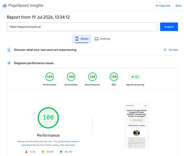 Screenshot of PageSpeed Insights results showing a perfect 100/100 score for both mobile and desktop performance of the website searchconsole.ai.