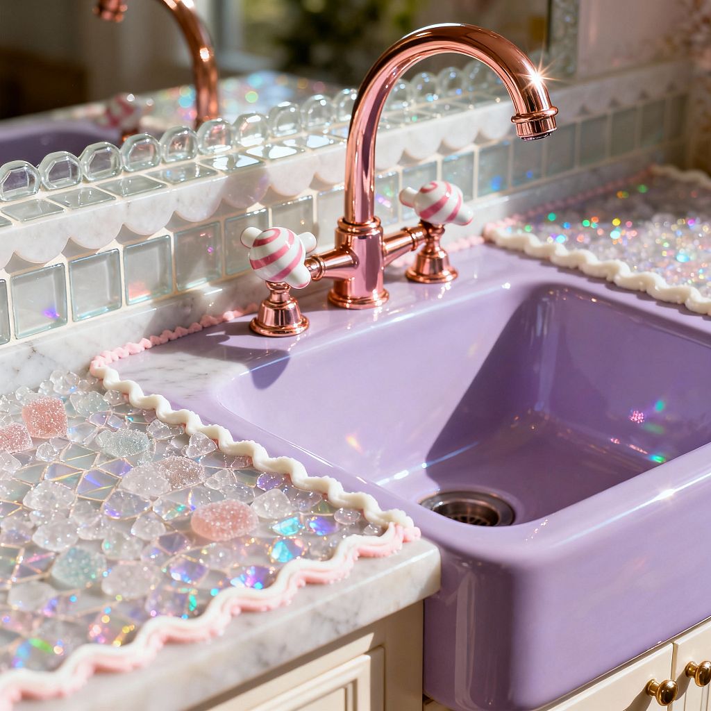 Close-up of a whimsical kitchen sink area styled like candy, featuring a lavender apron-front sink set in white marble, a polished rose-gold gooseneck faucet with pink-and-white striped knob handles, and iridescent glass mosaic “sugar” tiles edged in icing-like trim. A glass-block backsplash with scalloped white detailing and a mirrored border reflects bright natural light across the pastel surfaces.