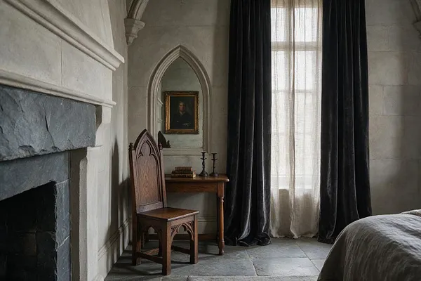A Gothic-inspired master bedroom with stone walls, a pointed arched alcove, and a dark wood chair beside a small desk. Floor-length black curtains frame a tall window, while a carved fireplace and gray stone floor add a moody, historic atmosphere.