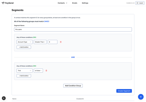The image displays a user interface for creating segments in the TinySend application.