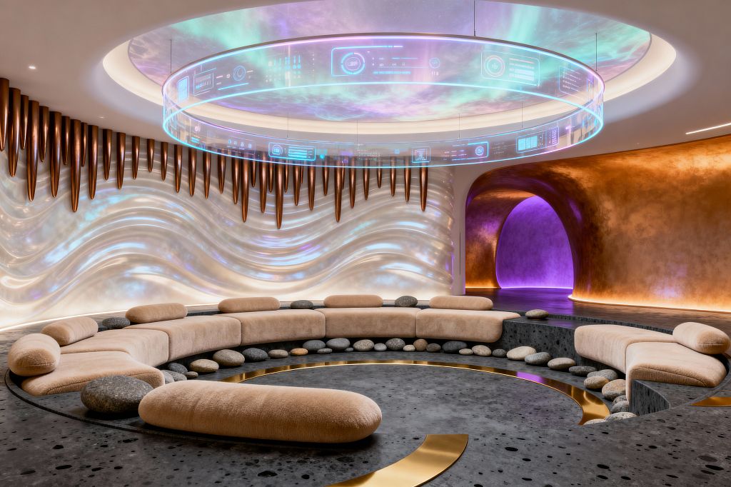 A futuristic media room features a sunken circular seating pit with sand-beige upholstered lounges surrounding a charcoal terrazzo floor, detailed with brass arcs and scattered river stones. An iridescent, backlit wavy wall and copper pendants frame the space, while a curved gold-toned tunnel glows purple and a transparent circular ring at the ceiling projects holographic-style graphics under soft cove lighting.