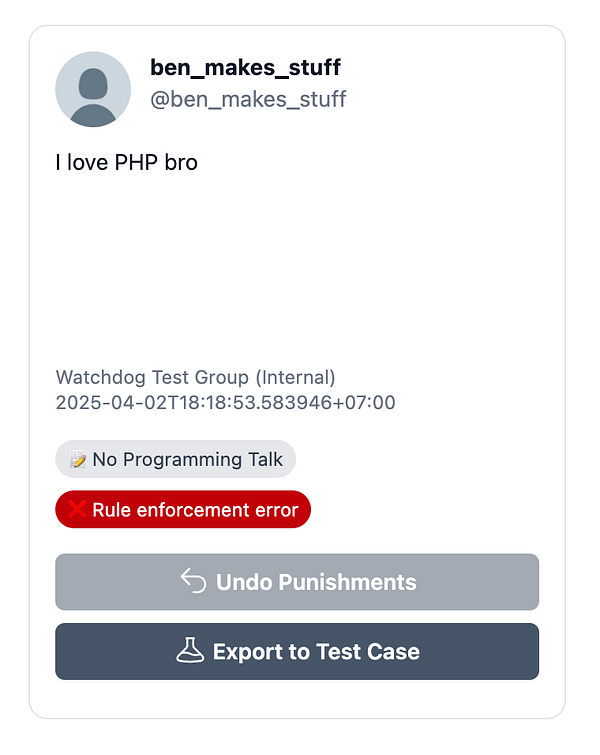 A user interface screenshot displaying a message about a rule enforcement error in a test group.