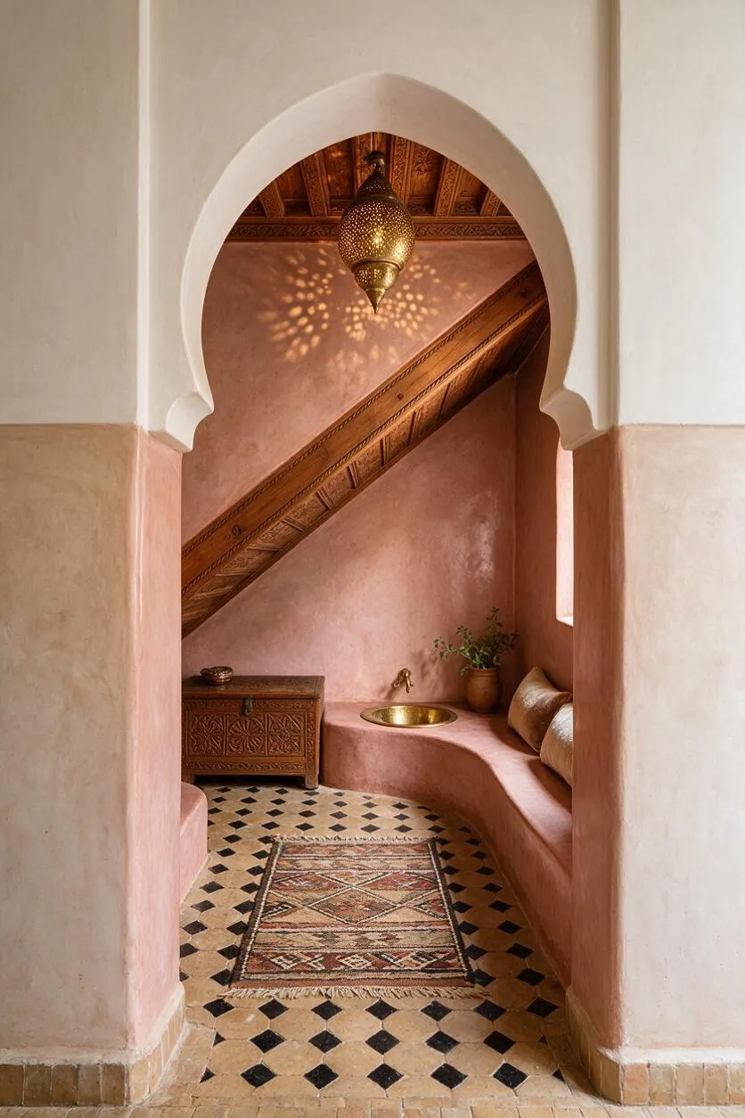 A Moroccan-style powder room framed by a white horseshoe arch, with pink plaster walls, carved wood detailing, and a brass pendant light casting patterned shadows. The room features a curved built-in bench, a small brass sink, a carved wooden chest, a patterned runner, and black diamond floor tiles.