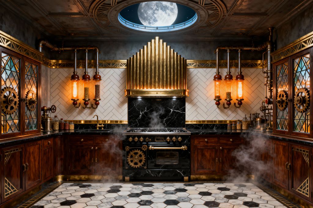 An ornate steampunk kitchen centers on a black range beneath a ribbed brass hood, with a black marble backsplash, white herringbone tiles, and a slim brass rail. Exposed copper pipes support glowing tube sconces, and rich walnut cabinets feature brass inlays and leaded stained-glass doors with gear medallions. A black-and-white hex marble floor grounds the space, while an oculus skylight showing the moon and wisps of steam heighten the theatrical, industrial mood.
