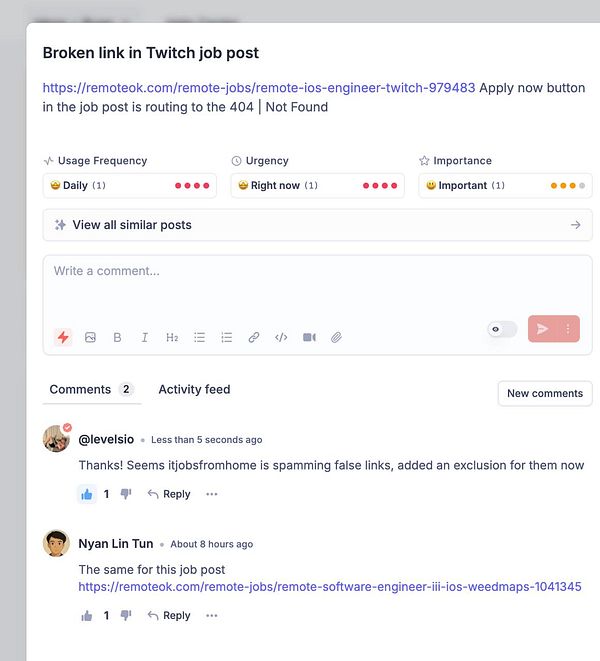 The image displays a task interface discussing a broken job link in a Twitch job post.