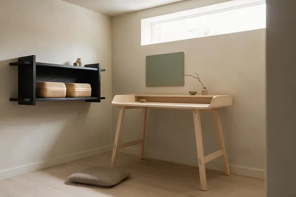 A small Japandi-style basement room with pale walls, a high horizontal window, and light wood flooring. A minimalist oak desk sits beneath the window beside a black wall shelf holding woven storage baskets, creating a calm and uncluttered workspace.