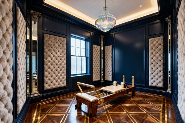 A compact home gym features a wood-and-brass Pilates reformer centered on polished parquet flooring with brass inlays. Deep navy wall paneling frames tall mirrors and multiple diamond‑tufted plush wall panels, while a large window brings daylight; perimeter cove lighting and an iridescent glass chandelier add glow, creating an opulent, vintage‑glam atmosphere.