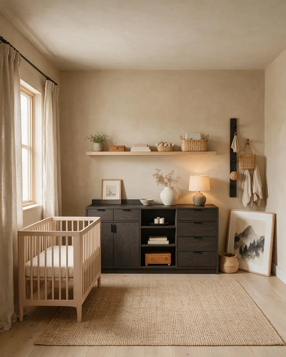 A serene nursery with a light wood crib near a window with sheer curtains, a dark wood dresser against a beige wall, and a neutral woven rug on the floor. Simple shelves hold baskets, books, and small decor, creating a calm Japandi-inspired space.