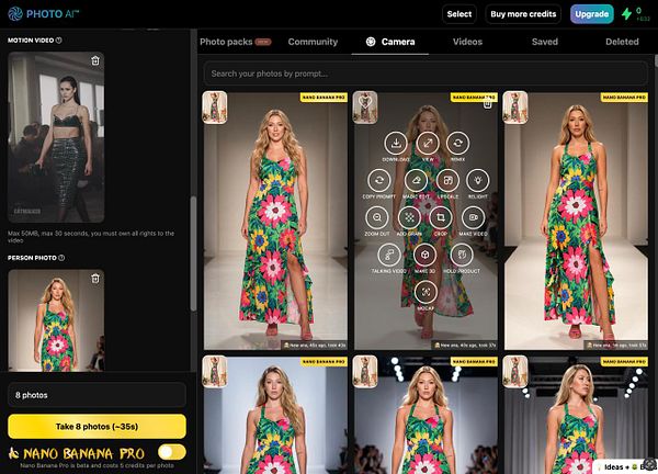 A digital interface displaying a motion capture workflow with a 3D model of a woman in a red outfit posed on a runway catwalk.