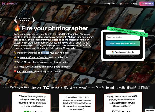The image promotes a service called Photo AI, which offers AI-generated photography solutions.