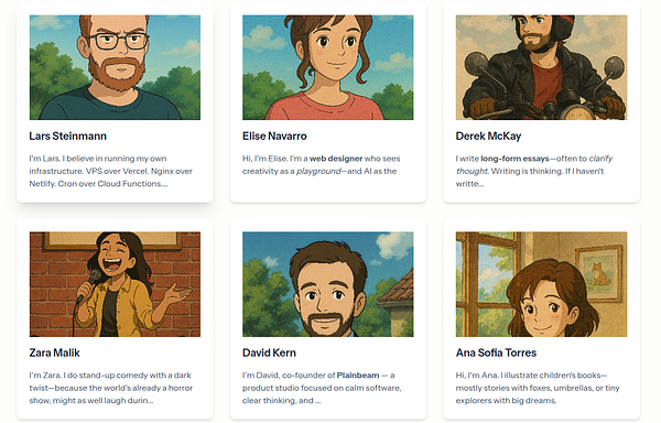 A grid of illustrated user profiles showcasing various individuals with their names and brief descriptions.