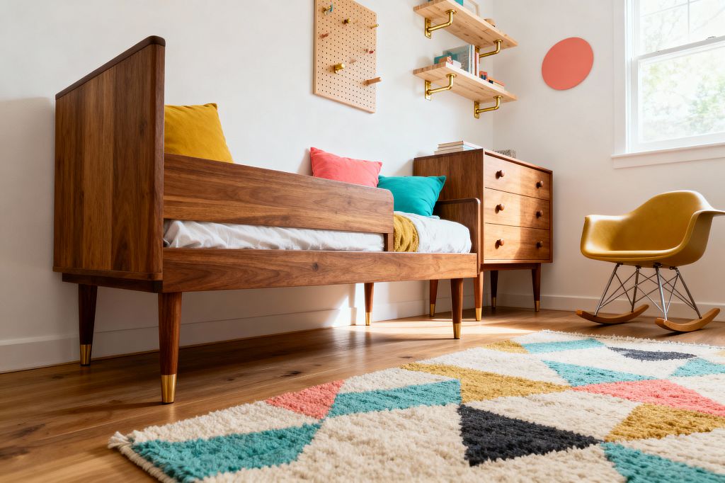 A mid-century inspired kids’ room features a walnut twin bed and matching dresser on tapered legs with brass caps, set against warm white walls and natural hardwood floors. A shag rug with teal, coral, mustard, and charcoal triangles, a mustard molded rocking chair, a pegboard, and light wood shelves with brass brackets, plus bright pillows and soft daylight from a side window, complete the playful, streamlined space.