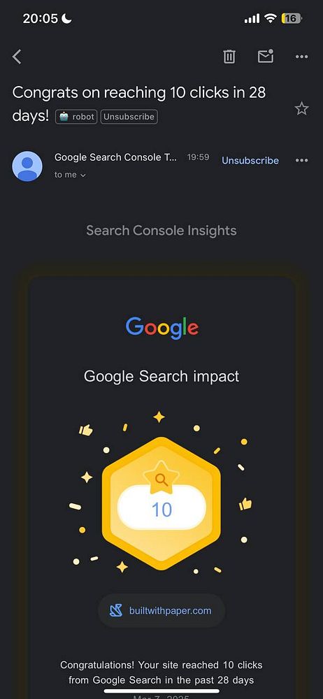 An email notification congratulating the user on achieving 10 clicks from Google Search in 28 days.