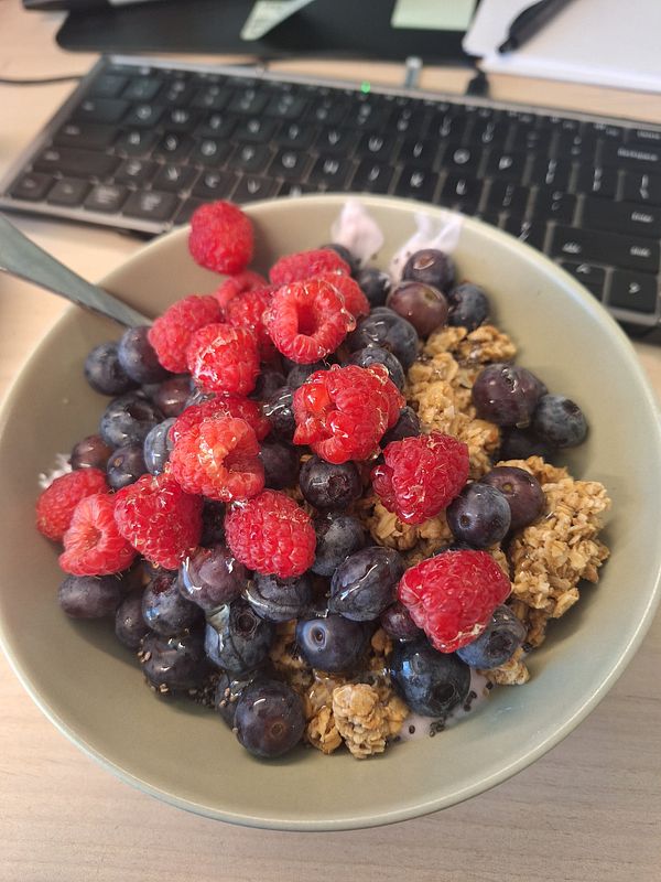 A bowl of high-protein Greek yogurt topped with granola, blueberries, raspberries, and honey.