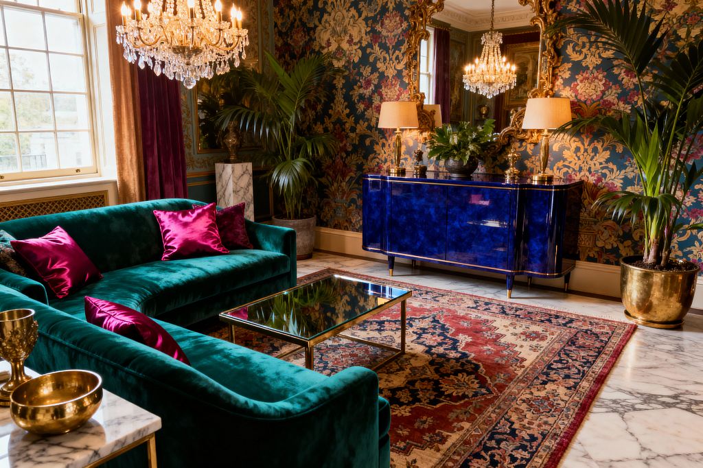 A richly layered living room shows an emerald velvet sofa with bright fuchsia cushions facing a mirrored brass coffee table on a red and navy Persian rug. Teal wallpaper with gold floral damask, plum curtains, and white marble floors frame a cobalt blue lacquer credenza topped with brass lamps, plants, and gilded mirrors beneath crystal chandeliers, while potted palms and a marble pedestal add texture and shine.