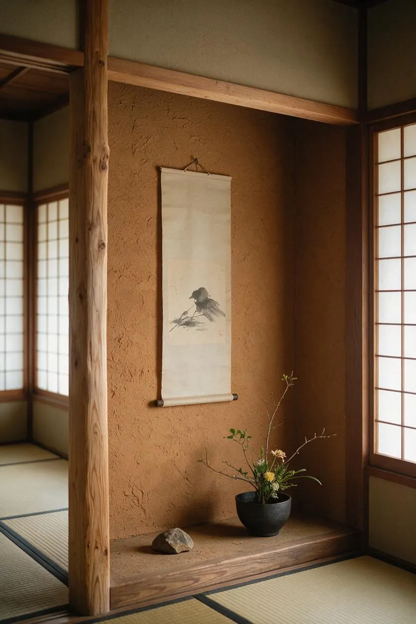 A traditional Japanese room with tatami mats, shoji screens, and a rustic wood alcove. The alcove features an earth-toned plaster wall, a hanging monochrome scroll, a small stone, and a black vase with a sparse floral arrangement.