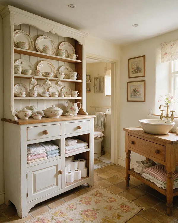 A cozy powder room styled in cottagecore decor features a white painted hutch filled with floral china and teacups, a rustic wood vanity with a vessel sink, and soft cream walls. Warm terracotta tile flooring, framed botanical art, lace curtains, and pastel textiles create a charming, old-world atmosphere.