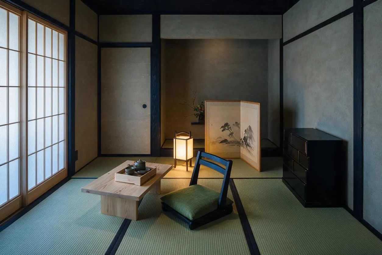 A serene Japanese Zen room with tatami mat flooring, shoji screen windows on the left, a low wooden tea table, a floor cushion chair with a green cushion, a glowing lantern, a painted folding screen, and a dark chest of drawers. The palette is muted and natural, with soft daylight and warm accent lighting creating a calm, meditative atmosphere.