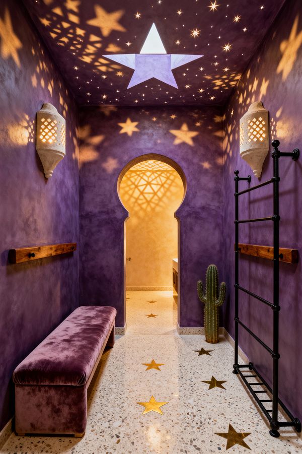 A narrow Moroccan-style home gym with deep violet plaster walls features a starry ceiling and a large star-shaped skylight casting warm patterned light. A terrazzo floor inlaid with brass stars leads to a Moorish keyhole arch, with a mauve velvet bench on the left, a black wrought-iron wall ladder and stained wood rails on the right, white perforated plaster sconces on both sides, and a small cactus near the doorway.