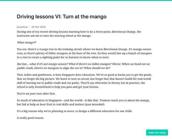 A blog post discussing driving lessons and the importance of real-world skills in education.