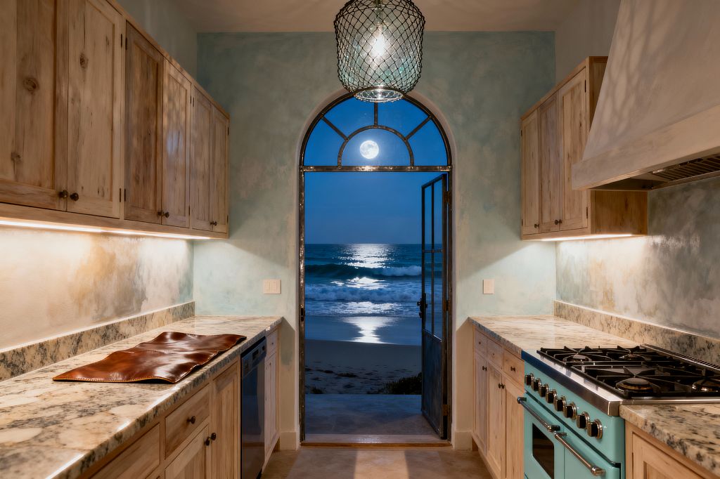 A galley kitchen opens through an arched blackened-steel and glass door to a moonlit ocean. Light knotty-wood cabinets line both sides with warm under-cabinet lighting, marbled granite counters, a turquoise gas range beneath a plaster hood, and a stainless dishwasher. Sea-glass blue, hand-troweled plaster walls and a sand-toned floor set a breezy palette, while a netted glass pendant centers the space and draws the eye to the beach beyond.