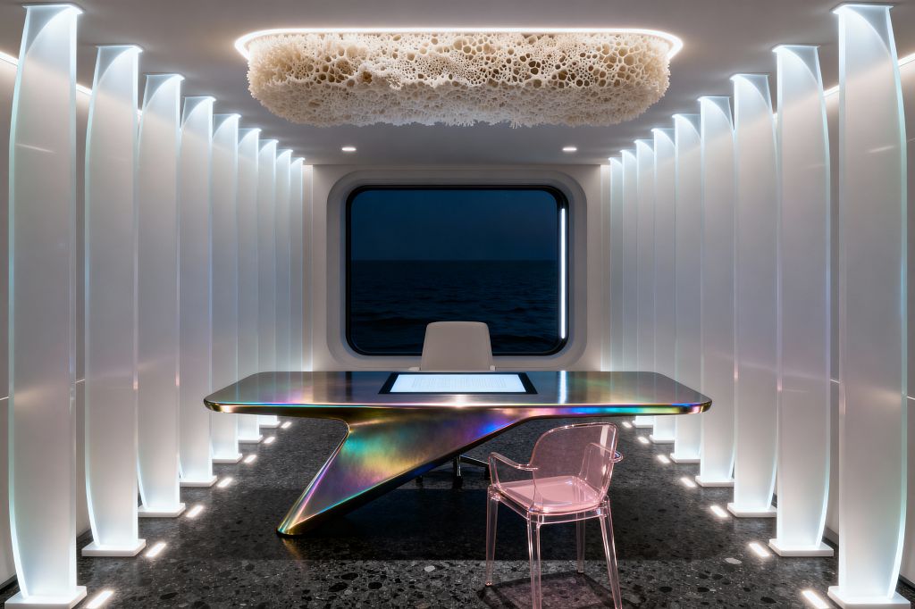 Futuristic home office with a holographic metal desk featuring an integrated touchscreen, centered beneath a porous, coral-like ceiling light. Translucent backlit wall fins line both sides, a pink clear chair sits on dark terrazzo flooring, and a rounded rectangular window frames a night view of the sea; cool white LEDs and small recessed spots create a soft, spaceship-like glow.