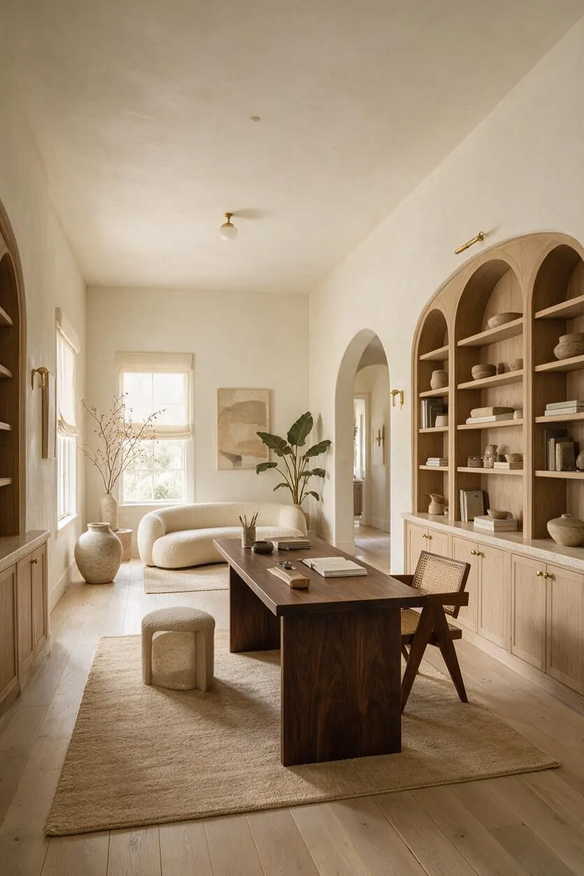 A serene home office with a dark wood desk centered on a large neutral rug, a curved cream sofa near the back window, and arched built-in shelves filled with books and pottery. Light wood floors, pale plaster walls, and soft natural light create a calm organic modern atmosphere.