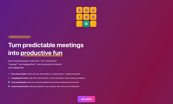 The image features a promotional landing page for a multiplayer bingo game designed to make meetings more engaging.