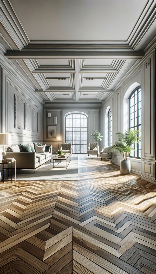 An elegant living room with herringbone wood flooring, contrasting against modern furniture and natural light flooding through large windows.