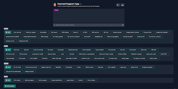 The image displays a user interface for the Canned Support App, featuring various preset messages organized by categories for customer support.