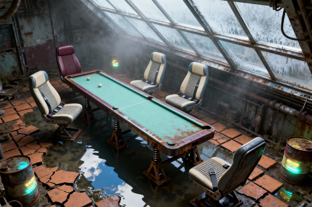 A narrow dining arrangement features a rusted billiard table with worn green felt, surrounded by mismatched automotive bucket seats fitted with seatbelts. The cracked terracotta floor is partly flooded, while a slanted wall of fogged glass and corroded frames admits dim daylight; rusted pipes and neon-lit barrels provide eerie accent light as mist drifts through the industrial space.