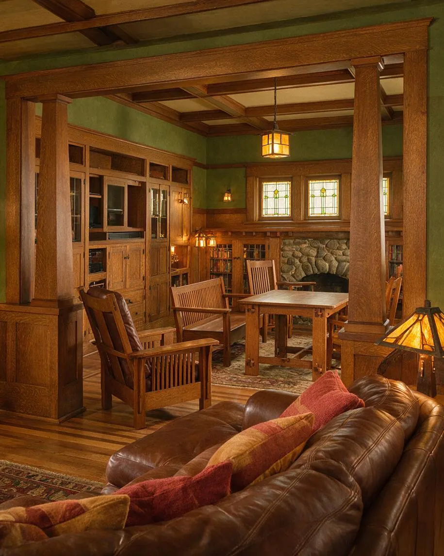 A Craftsman-style media room with rich wood trim, coffered ceiling details, and a stone fireplace centered on the back wall. The room includes built-in wood cabinetry, stained glass windows, leather seating, and warm amber lighting that creates a cozy, traditional atmosphere.