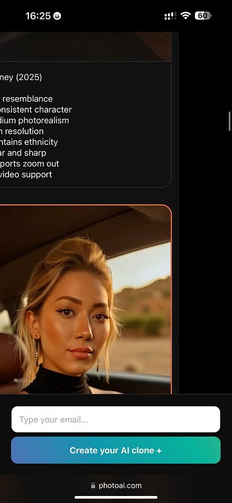 A mobile interface displaying a portrait of a woman alongside a list of tasks related to photo AI.