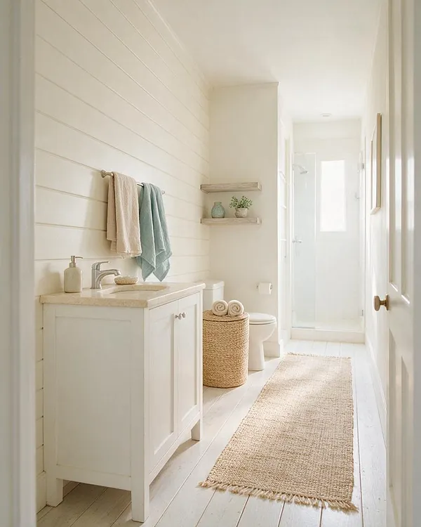 A bright coastal-style master bathroom with white shiplap walls, a small white vanity with a light stone top, and a chrome faucet. A woven basket, textured runner rug, and soft blue and beige towels add natural warmth, while a glass shower and simple shelves keep the space airy.