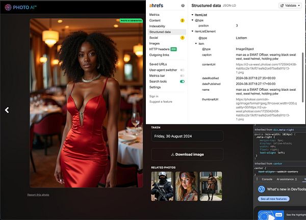 A woman in a red dress poses in a restaurant setting, while a structured data schema is displayed on the right side of the image.